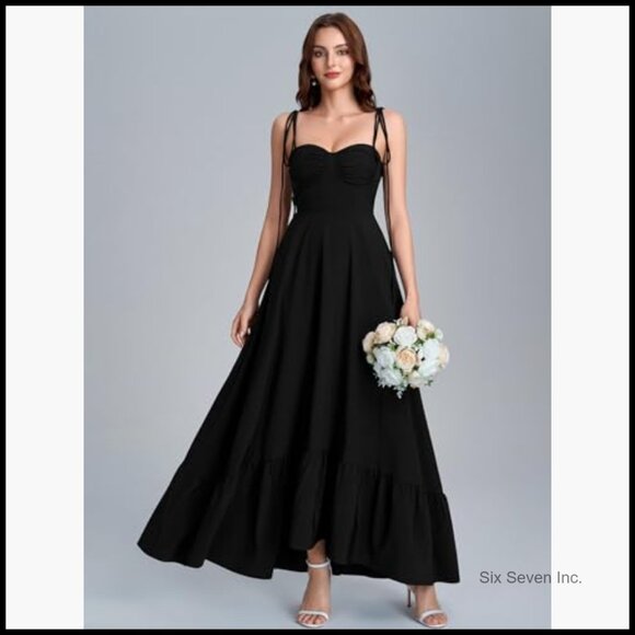 Spaghetti Strap Smocked Back Maxi Dress Flowy A-Line Ruffle Beach Wedding Guest - Picture 4 of 7